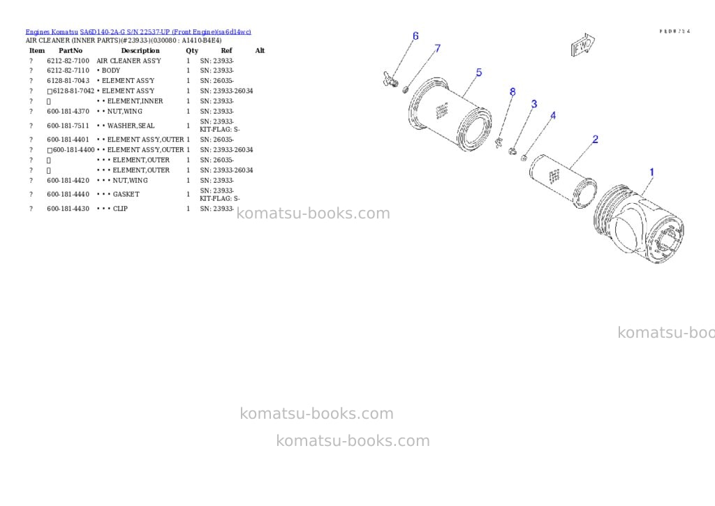 Komatsu SA6D140-2A-G S/N 22537-UP (Front Engine) Parts catalog cover Page 7 Komatsu SA6D140-2A-G S/N 22537-UP (Front Engine) Parts catalog cover Page 7