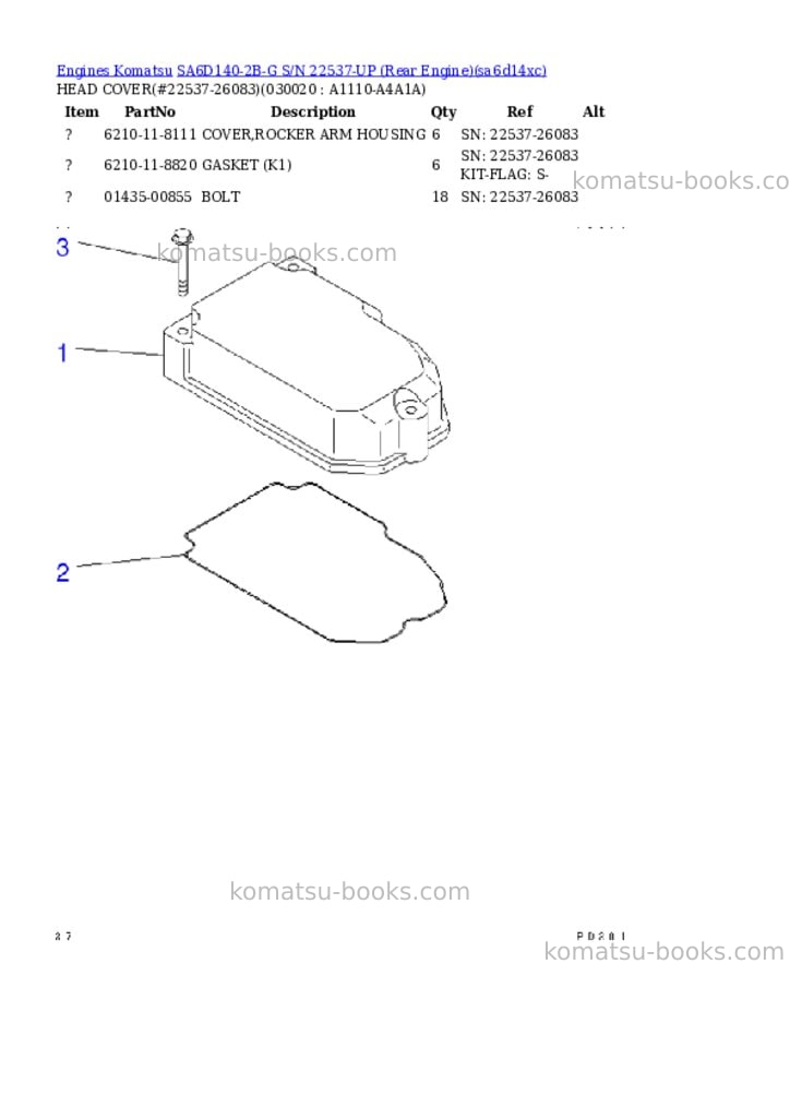 Komatsu SA6D140-2B-G S/N 22537-UP (Rear Engine) Parts catalog cover Komatsu SA6D140-2B-G S/N 22537-UP (Rear Engine) Parts catalog cover
