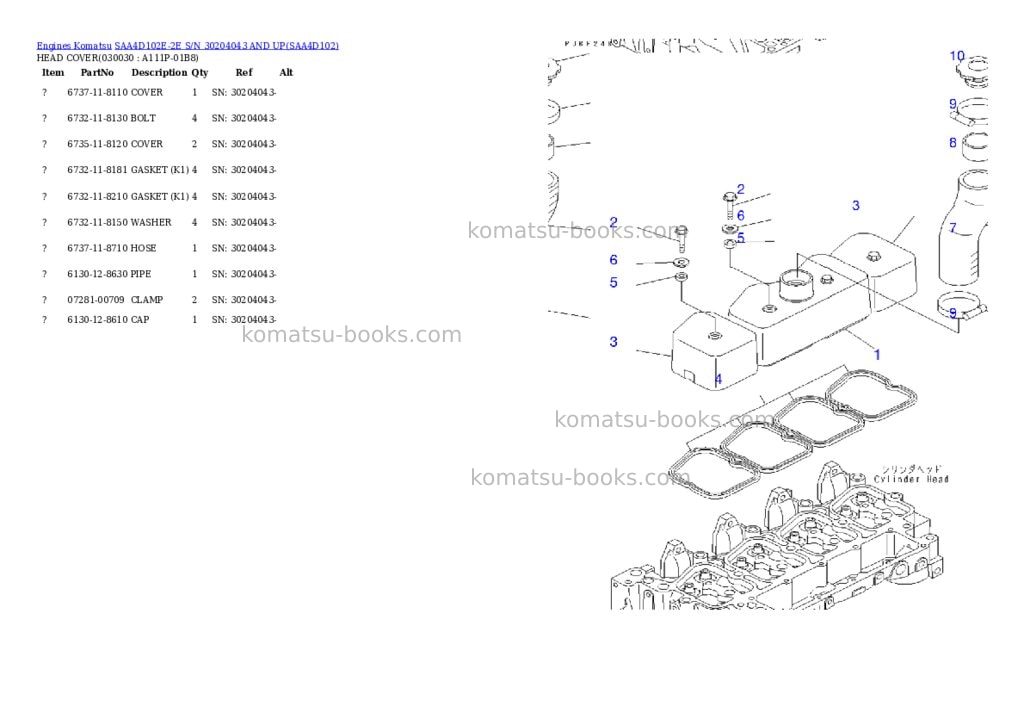 Komatsu saa4d102e-2e s/n 30204043 and up Parts catalog cover Page 2 Komatsu saa4d102e-2e s/n 30204043 and up Parts catalog cover Page 2