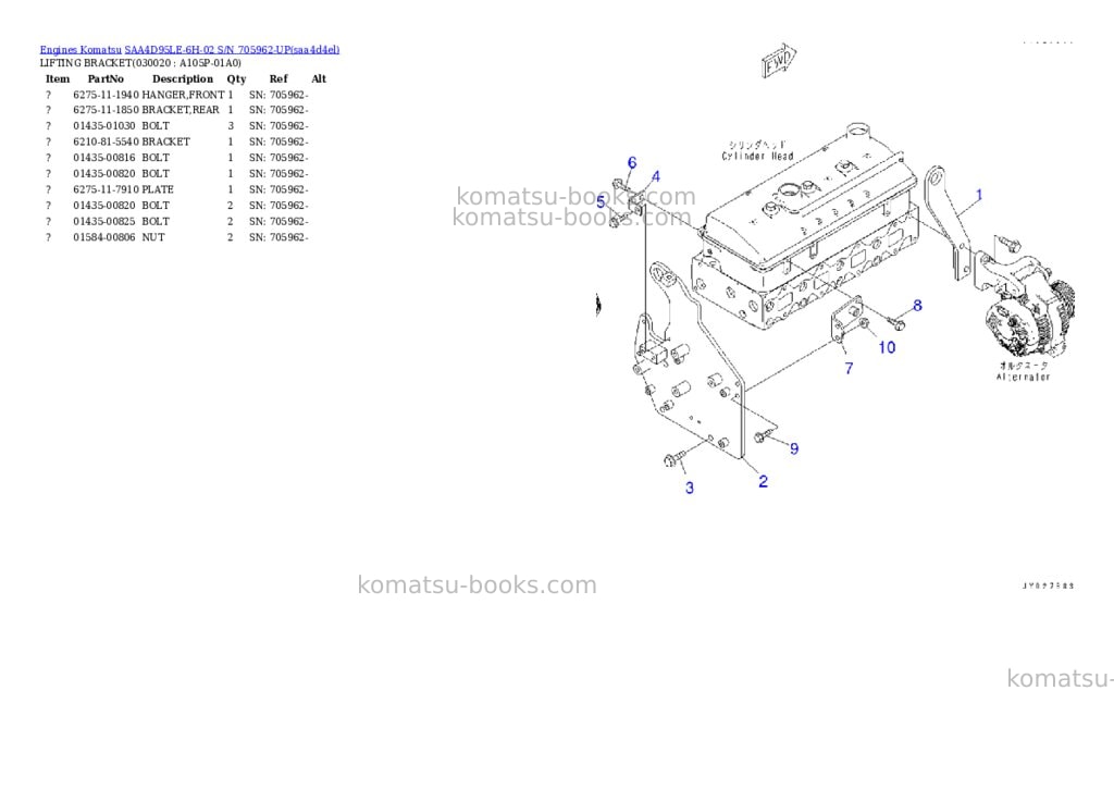 Komatsu SAA4D95LE-6H-02 S/N 705962-UP Parts catalog cover Komatsu SAA4D95LE-6H-02 S/N 705962-UP Parts catalog cover
