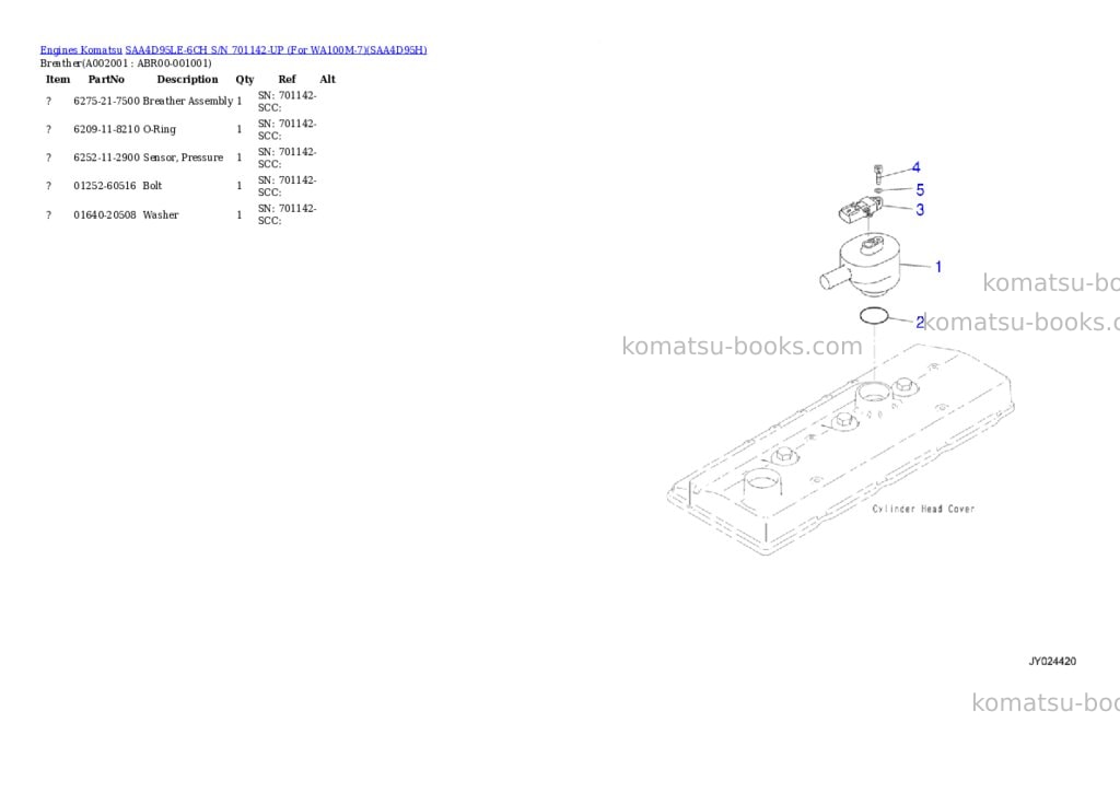 Komatsu saa4d95le-6ch s/n 701142-up for wa100m-7 Parts catalog cover
