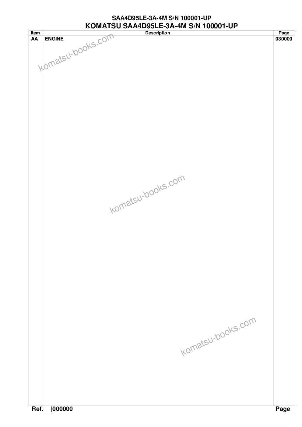 Komatsu saa4d95le-3a-4m s/n 100001-up Parts catalog cover Komatsu saa4d95le-3a-4m s/n 100001-up Parts catalog cover