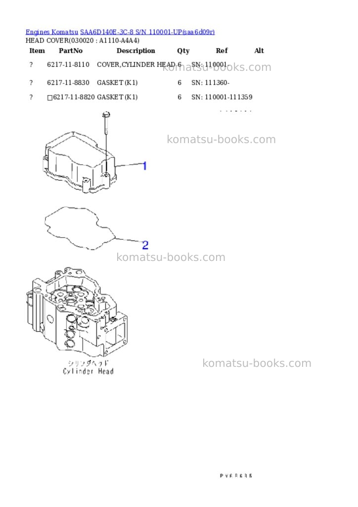 Komatsu saa6d140e-3c-8 s/n 110001-up Parts catalog cover Komatsu saa6d140e-3c-8 s/n 110001-up Parts catalog cover