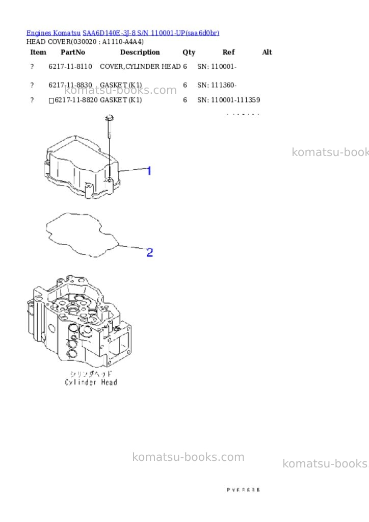 Komatsu saa6d140e-3j-8 s/n 110001-up Parts catalog cover Komatsu saa6d140e-3j-8 s/n 110001-up Parts catalog cover