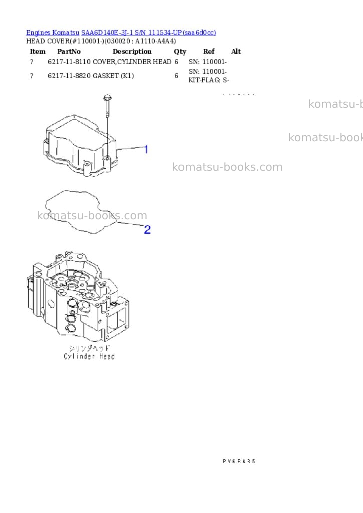 Komatsu saa6d140e-3j-1 s/n 111534-up Parts catalog cover