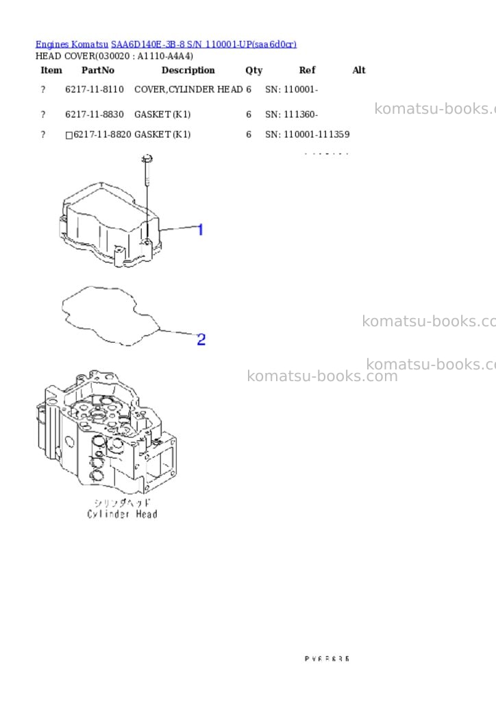 Komatsu saa6d140e-3b-8 s/n 110001-up Parts catalog cover Komatsu saa6d140e-3b-8 s/n 110001-up Parts catalog cover