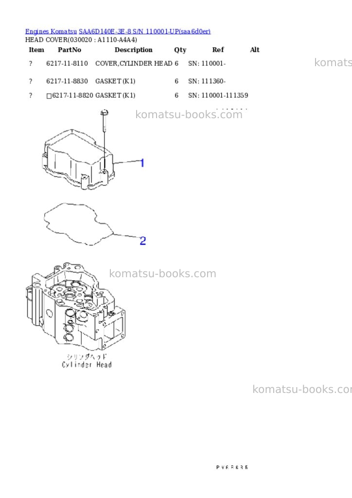 Komatsu saa6d140e-3e-8 s/n 110001-up Parts catalog cover Komatsu saa6d140e-3e-8 s/n 110001-up Parts catalog cover
