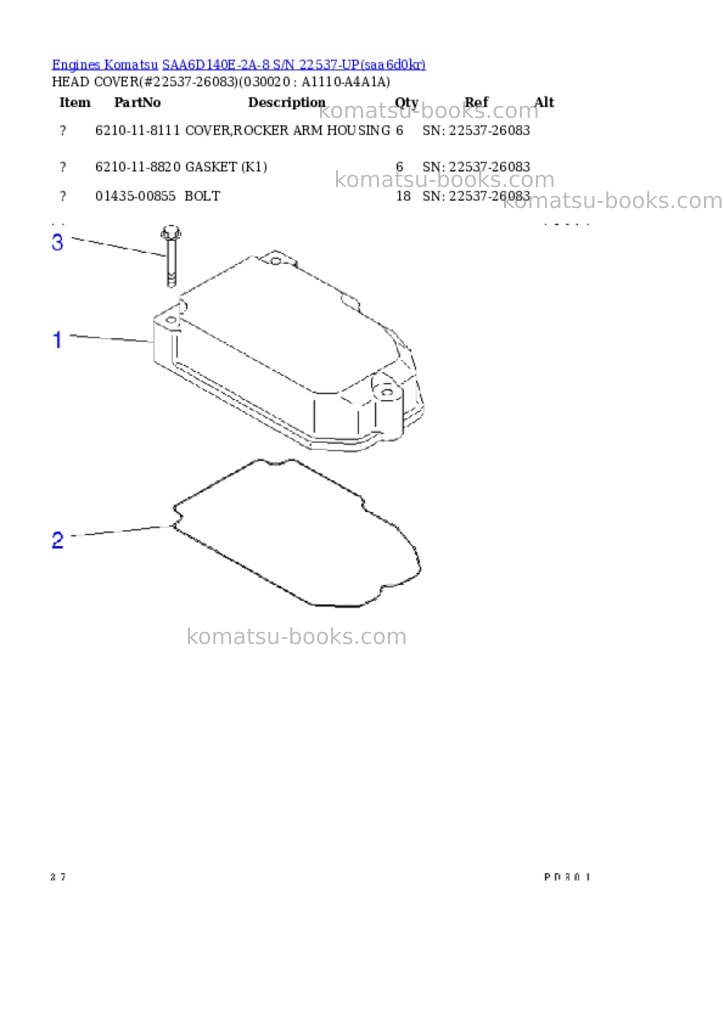 Komatsu saa6d140e-2a-8 s/n 22537-up Parts catalog cover Komatsu saa6d140e-2a-8 s/n 22537-up Parts catalog cover