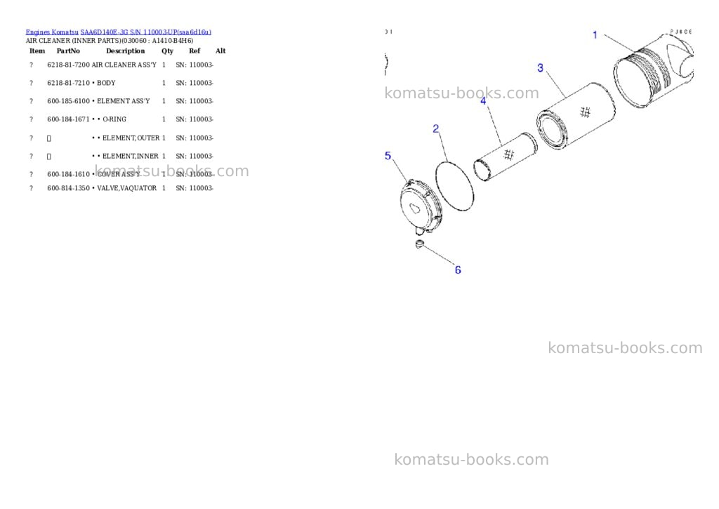 Komatsu saa6d140e-3g s/n 110003-up Parts catalog cover Page 5 Komatsu saa6d140e-3g s/n 110003-up Parts catalog cover Page 5