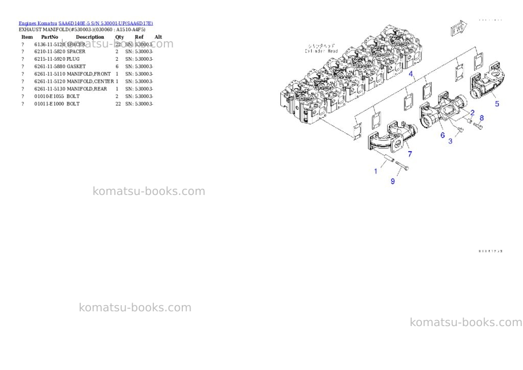 Komatsu saa6d140e-5 s/n 530001-up Parts catalog cover Komatsu saa6d140e-5 s/n 530001-up Parts catalog cover
