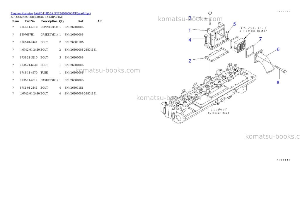 Komatsu saa6d114e-2a s/n 26800003-up Parts catalog cover Page 7 Komatsu saa6d114e-2a s/n 26800003-up Parts catalog cover Page 7