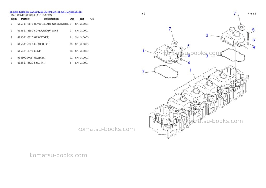 Komatsu saa6d125e-3g-8m s/n 310001-up Parts catalog cover