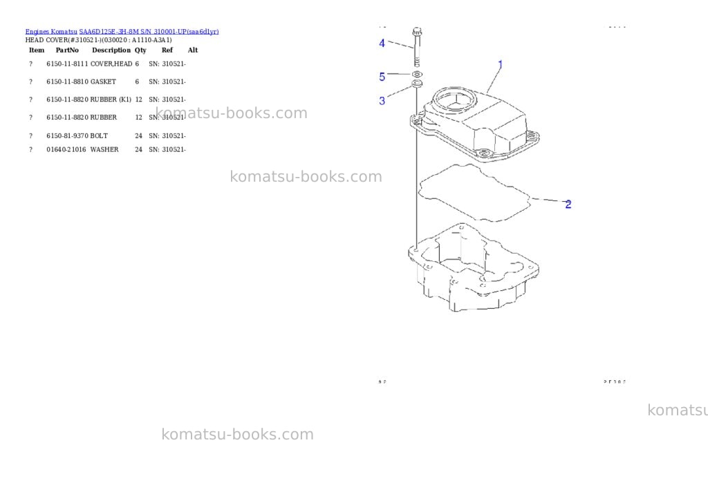 Komatsu saa6d125e-3h-8m s/n 310001-up Parts catalog cover Komatsu saa6d125e-3h-8m s/n 310001-up Parts catalog cover