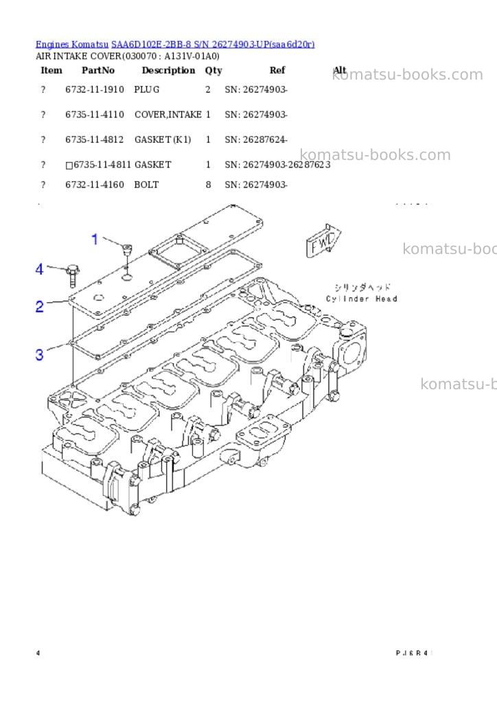 Komatsu saa6d102e-2bb-8 s/n 26274903-up Parts catalog cover Page 8