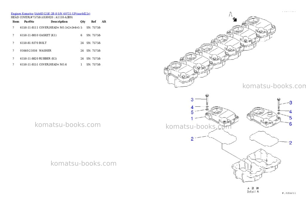 Komatsu saa6d125e-2b-8 s/n 60721-up Parts catalog cover Komatsu saa6d125e-2b-8 s/n 60721-up Parts catalog cover