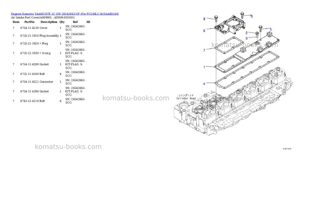Komatsu saa6d107e-1c s/n 26542663-up for pc240lc-8 Parts catalog cover Page 8