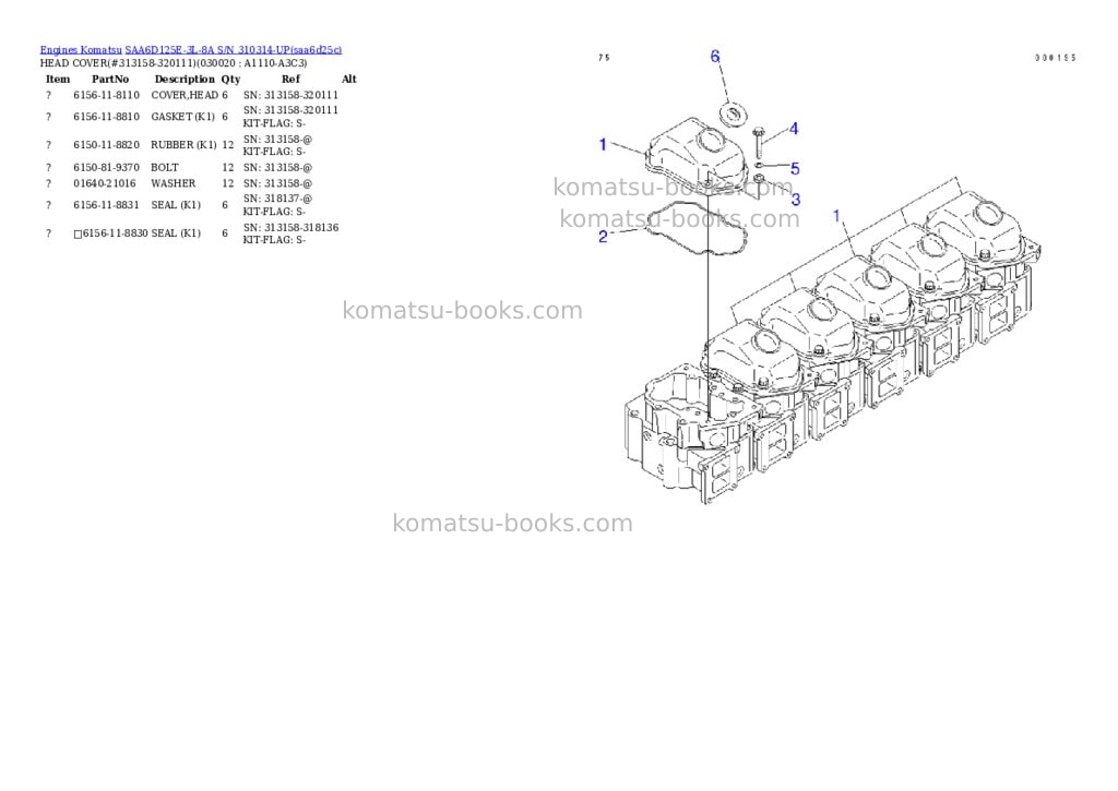 Komatsu saa6d125e-3l-8a s/n 310314-up Parts catalog cover Komatsu saa6d125e-3l-8a s/n 310314-up Parts catalog cover