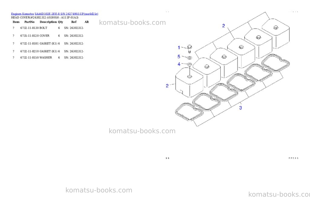 Komatsu SAA6D102E-2EE-8 S/N 26274903-UP Parts catalog cover Page 5