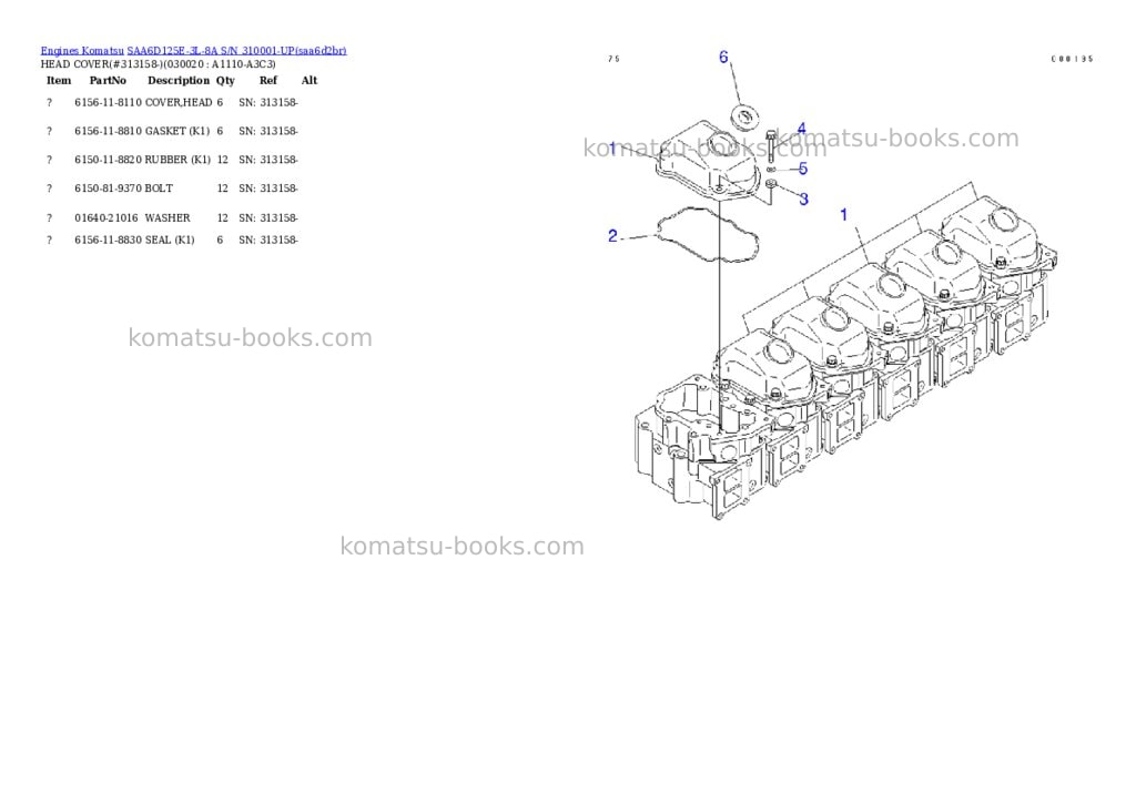 Komatsu saa6d125e-3l-8a s/n 310001-up Parts catalog cover Komatsu saa6d125e-3l-8a s/n 310001-up Parts catalog cover