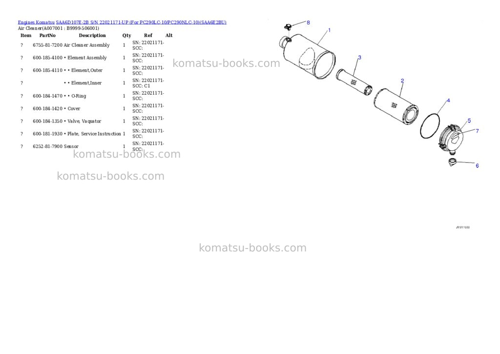 Komatsu saa6d107e-2b s/n 22021171-up for pc290lc-10/pc290nlc-10 Parts catalog cover Page 6