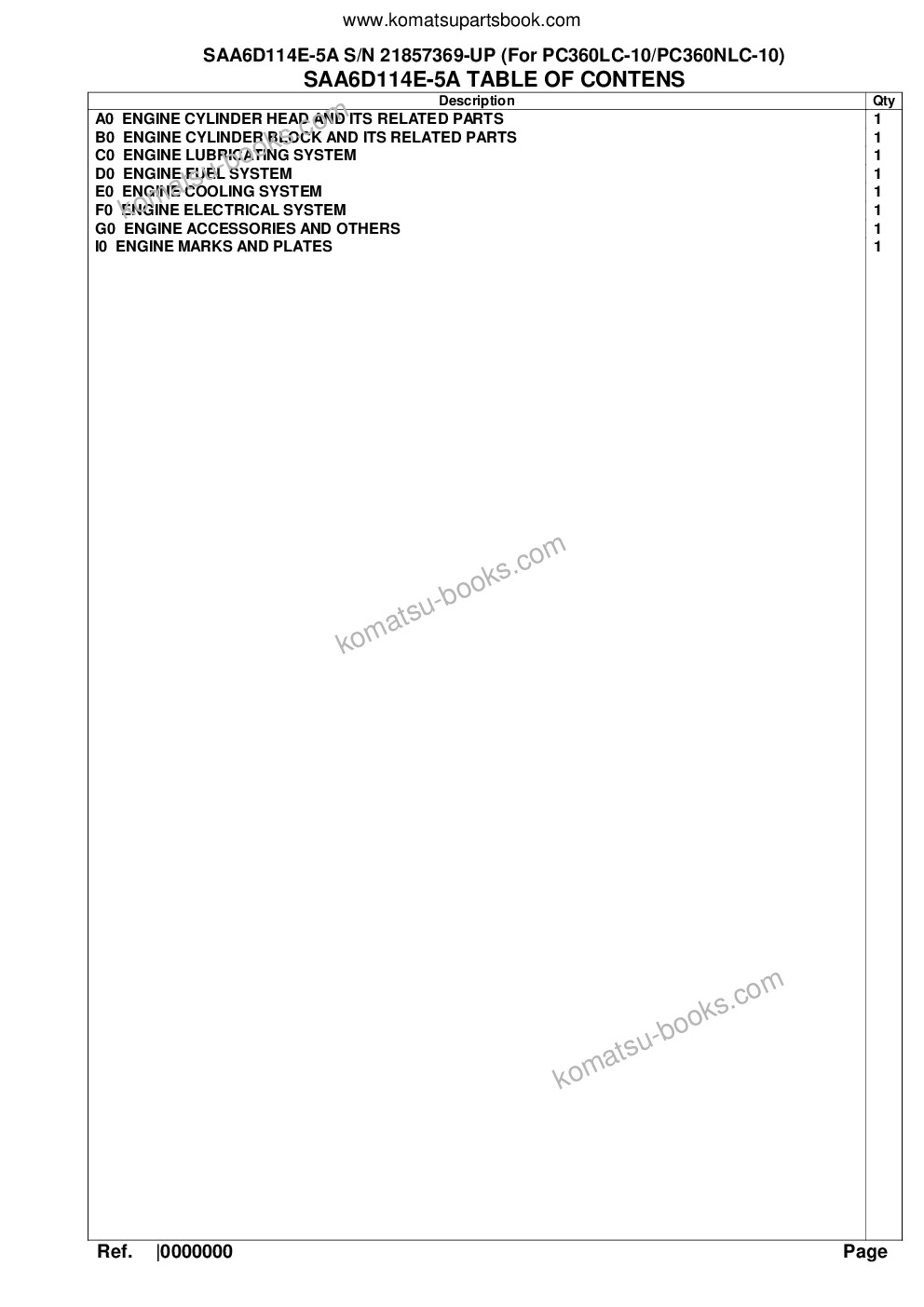 Komatsu saa6d114e-5a s/n 21857369-up for pc360lc-10/pc360nlc-10 Parts catalog cover