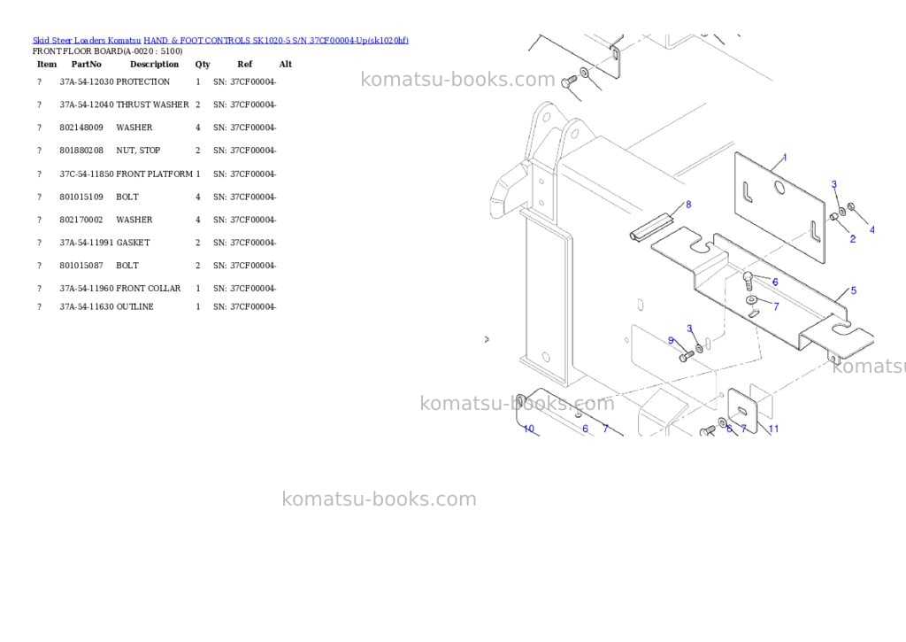 Komatsu hand & foot controls sk1020-5 s/n 37cf00004-up Parts catalog cover