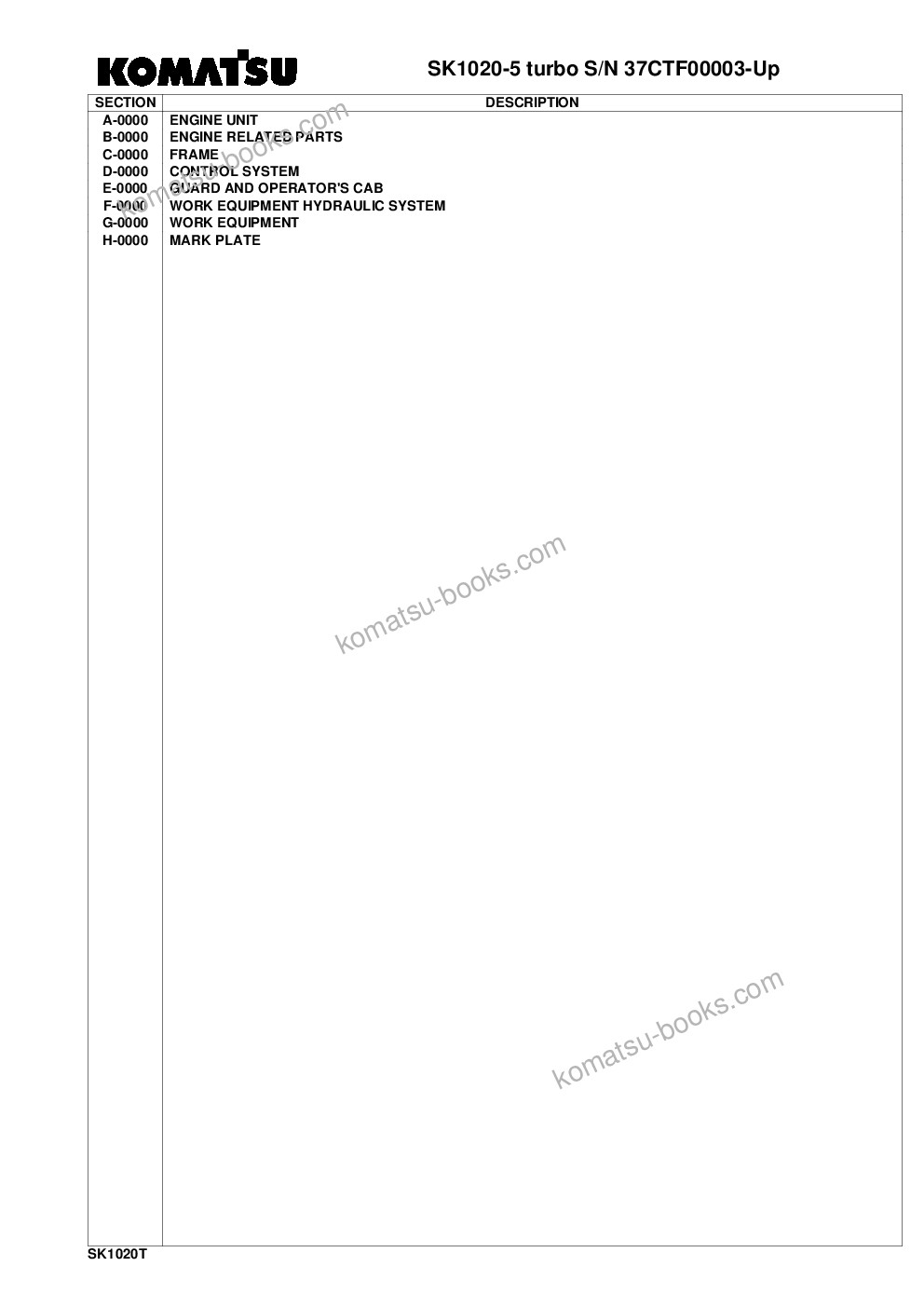 Komatsu sk1020-5 turbo s/n 37ctf00003-up Parts catalog cover