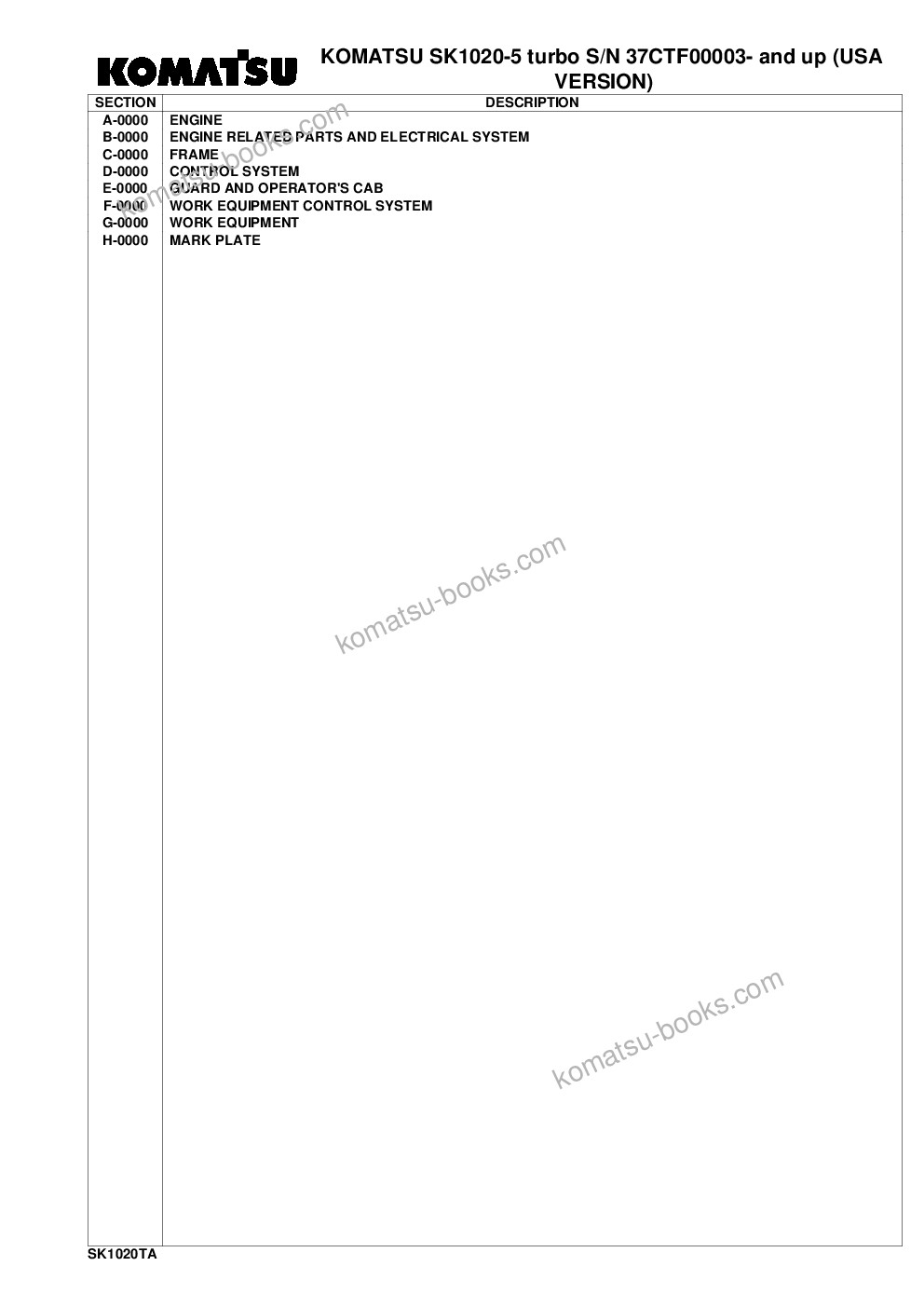 Komatsu sk1020-5 turbo usa s/n 37ctf00003-up Parts catalog cover Komatsu sk1020-5 turbo usa s/n 37ctf00003-up Parts catalog cover