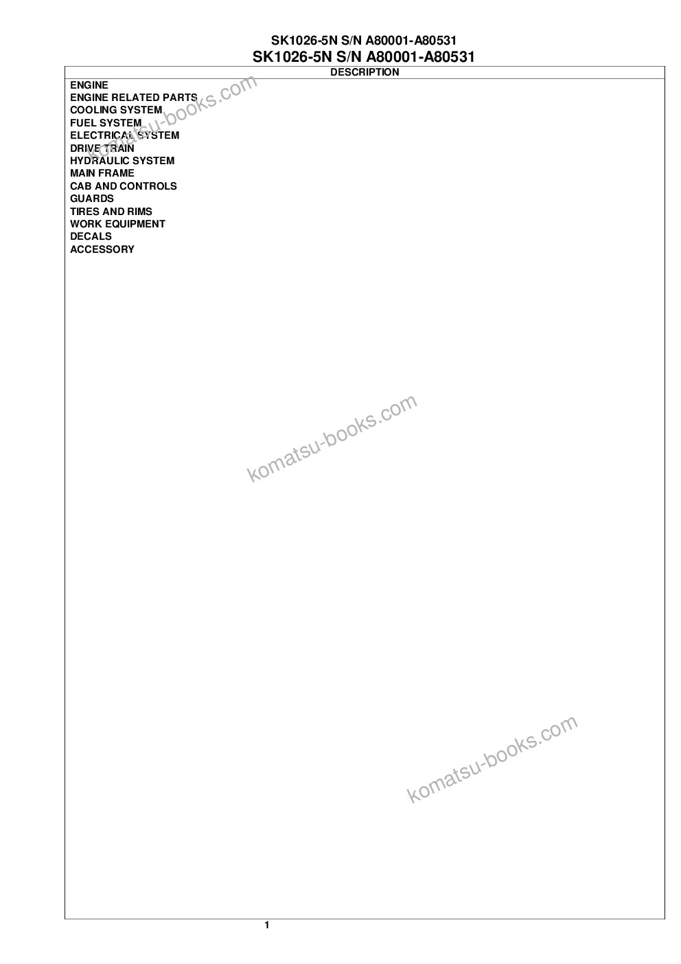 Komatsu sk1026-5n s/n a80001-a80531 Parts catalog cover