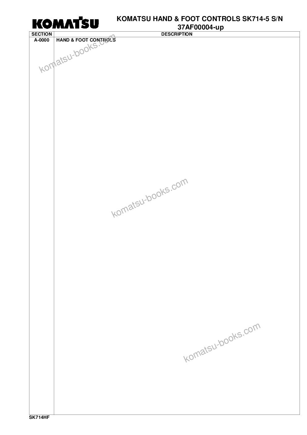 Komatsu hand & foot controls sk714-5 s/n 37af00004-up Parts catalog cover