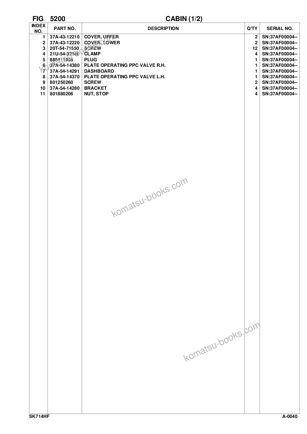 Komatsu hand & foot controls sk714-5 s/n 37af00004-up Parts catalog cover Page 10
