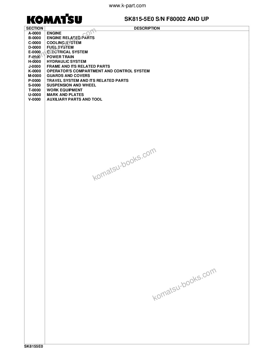 Komatsu sk815-5e0 s/n f80002 and up Parts catalog cover Komatsu sk815-5e0 s/n f80002 and up Parts catalog cover