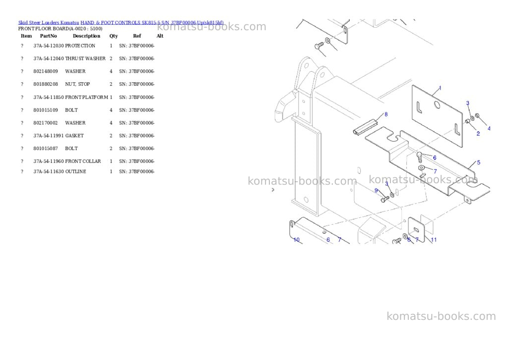 Komatsu hand & foot controls sk815-5 s/n 37bf00006-up Parts catalog cover