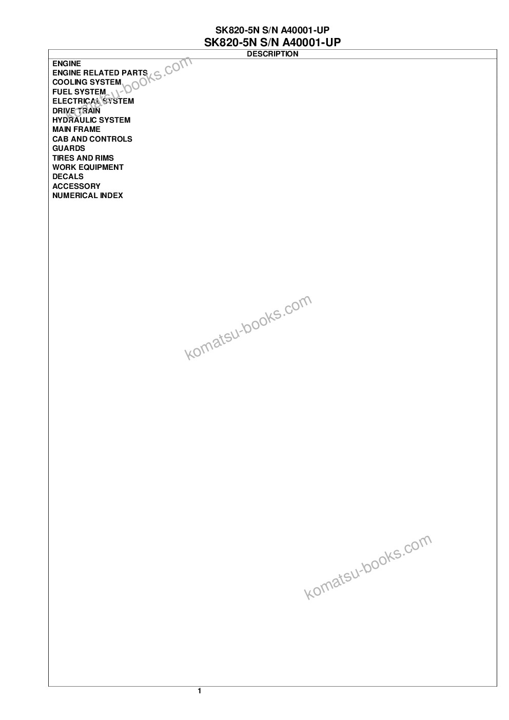 Komatsu SK820-5N S/N A40001-A40242 Parts catalog cover