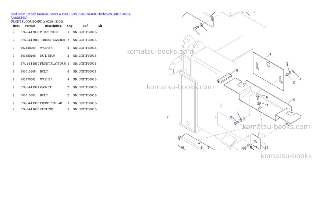 Komatsu hand & foot controls sk820-5 turbo s/n 37btf50003-up Parts catalog cover Komatsu hand & foot controls sk820-5 turbo s/n 37btf50003-up Parts catalog cover