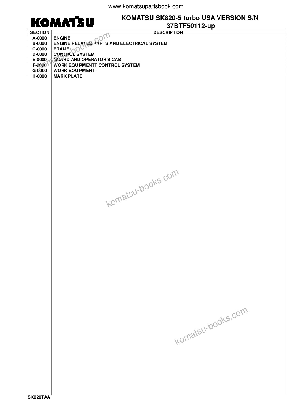 Komatsu sk820-5 turbo usa version s/n 37btf50112-up Parts catalog cover Komatsu sk820-5 turbo usa version s/n 37btf50112-up Parts catalog cover
