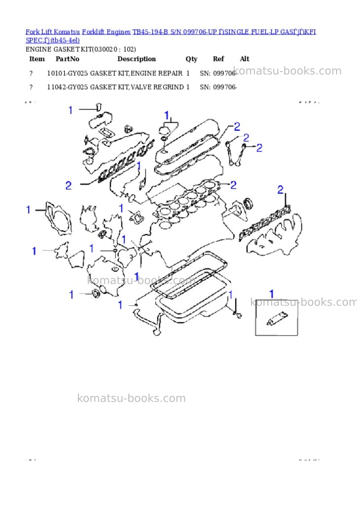Komatsu tb45-194-b s/n 099706-up （single fuel-lp gas）（kfi spec.） Parts catalog cover