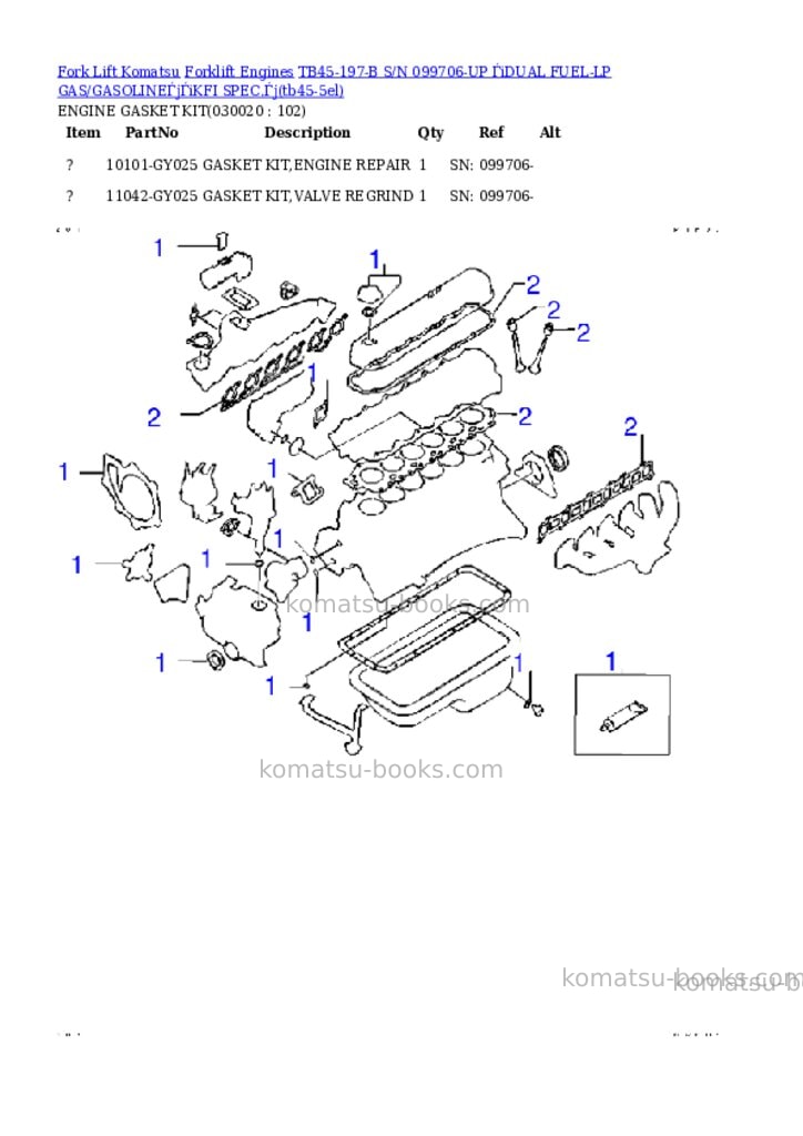 Komatsu tb45-197-b s/n 099706-up （dual fuel-lp gas/gasoline）（kfi spec.） Parts catalog cover