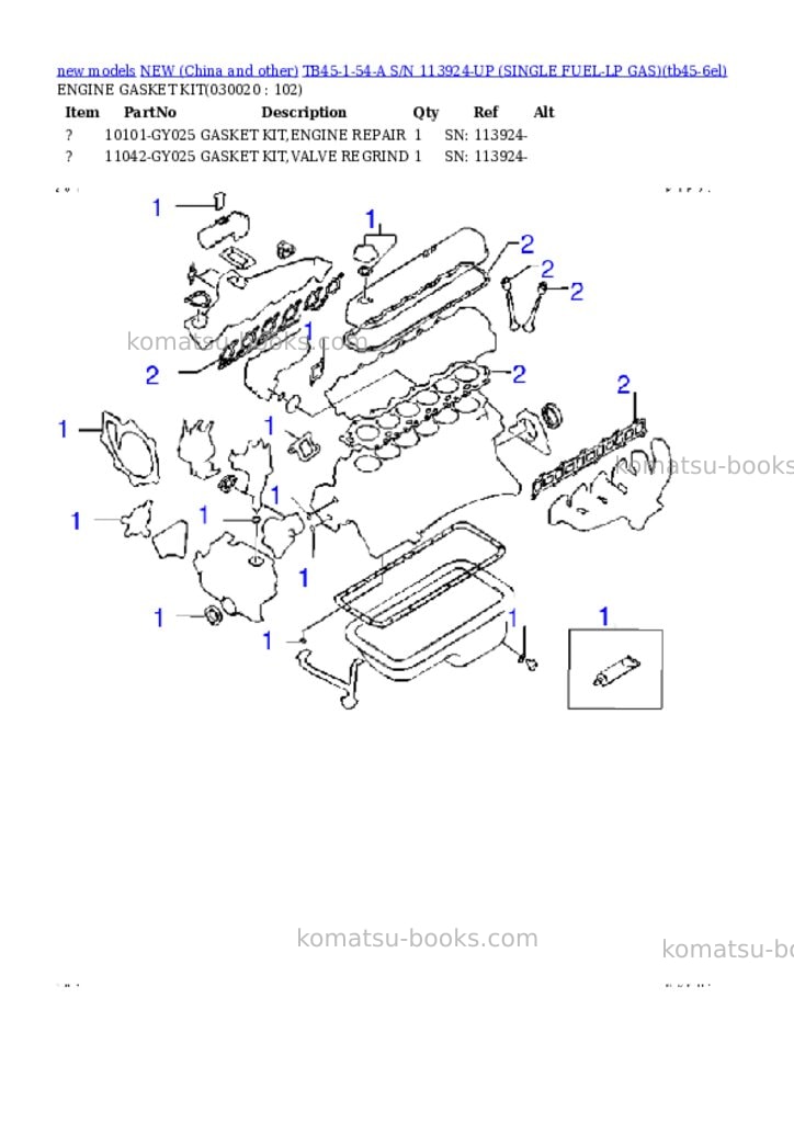 Komatsu tb45-1-54-a s/n 113924-up single fuel-lp gas Parts catalog cover Komatsu tb45-1-54-a s/n 113924-up single fuel-lp gas Parts catalog cover