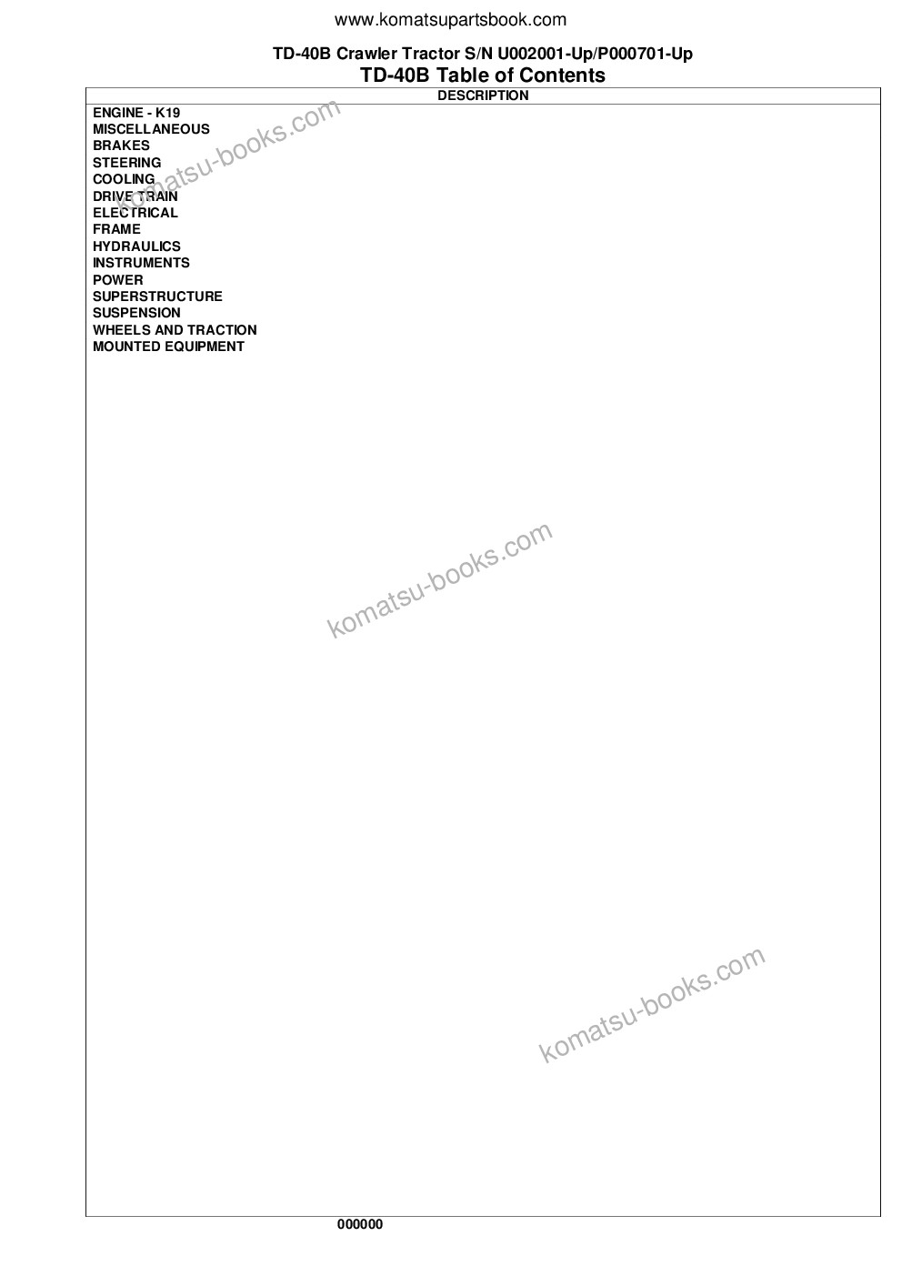Komatsu td-40b s/n u002001-up/p000701-up Parts catalog cover Page 2