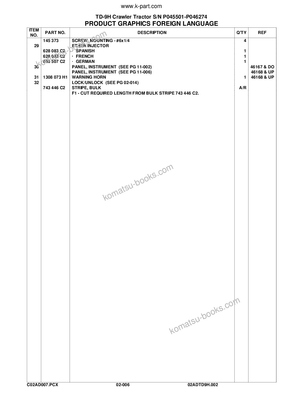 Komatsu td-9h s/n p045501-p046274 Parts catalog cover Page 10