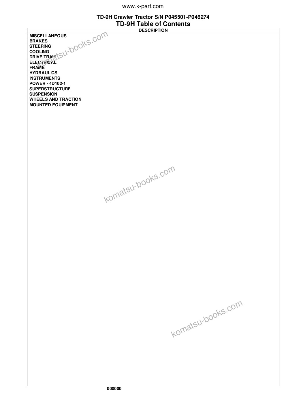 Komatsu td-9h s/n p045501-p046274 Parts catalog cover Page 2