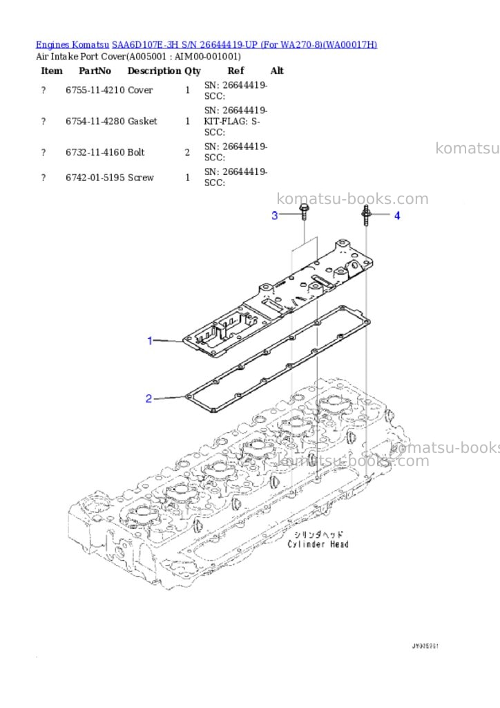 Komatsu SAA6D107E-3H S/N 26644419-UP (For WA270-8) Parts catalog cover Page 4