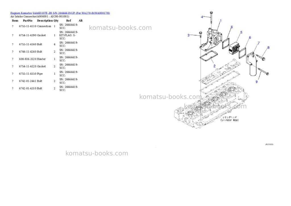 Komatsu SAA6D107E-3H S/N 26644419-UP (For WA270-8) Parts catalog cover Page 5