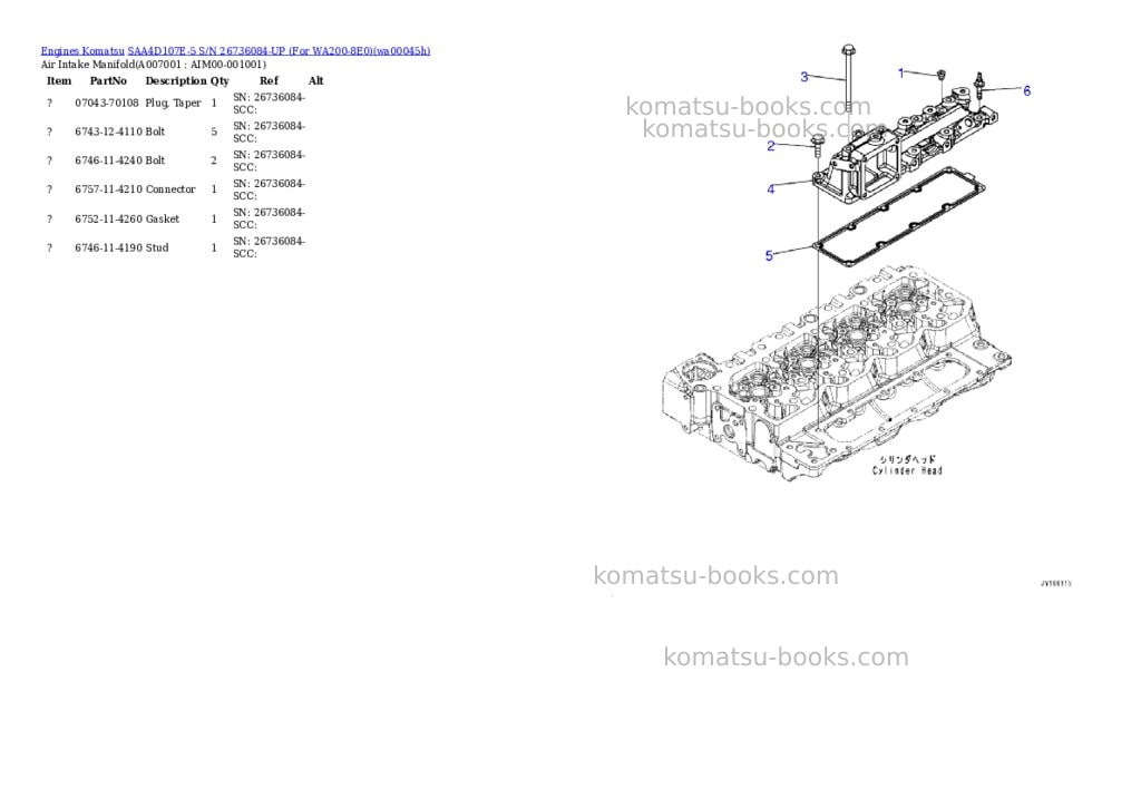 Komatsu SAA4D107E-5 S/N 26736084-UP (For WA200-8E0) Parts catalog cover Page 6