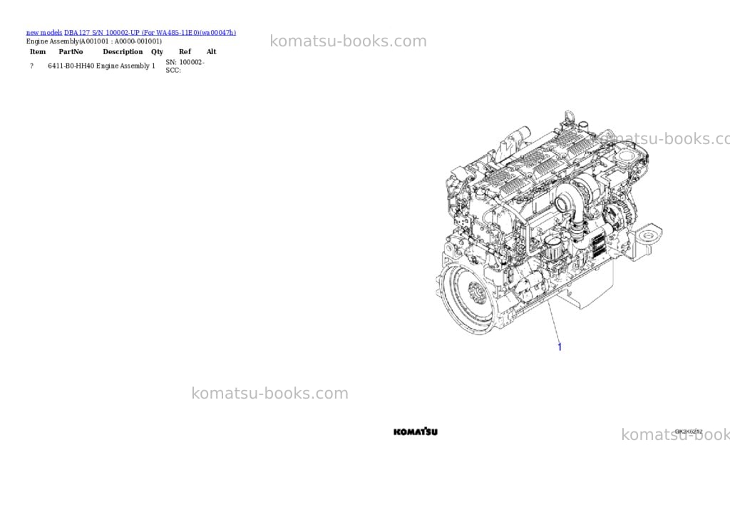 Komatsu DBA127 S/N 100002-UP (For WA485-11E0) Parts catalog cover Komatsu DBA127 S/N 100002-UP (For WA485-11E0) Parts catalog cover