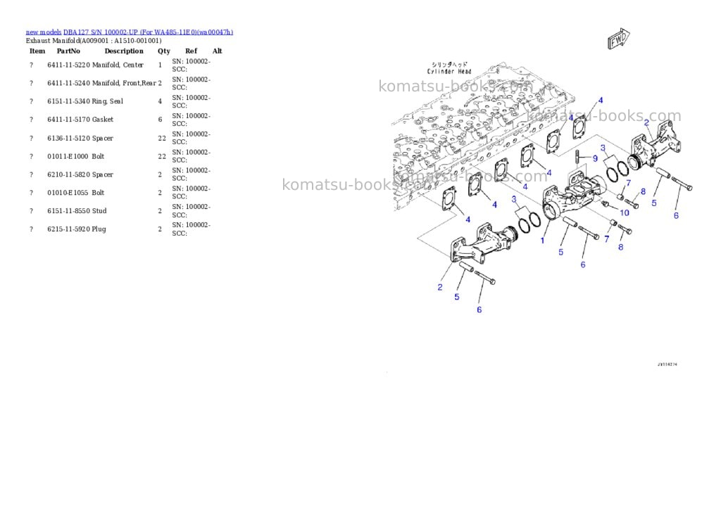 Komatsu DBA127 S/N 100002-UP (For WA485-11E0) Parts catalog cover Page 10 Komatsu DBA127 S/N 100002-UP (For WA485-11E0) Parts catalog cover Page 10