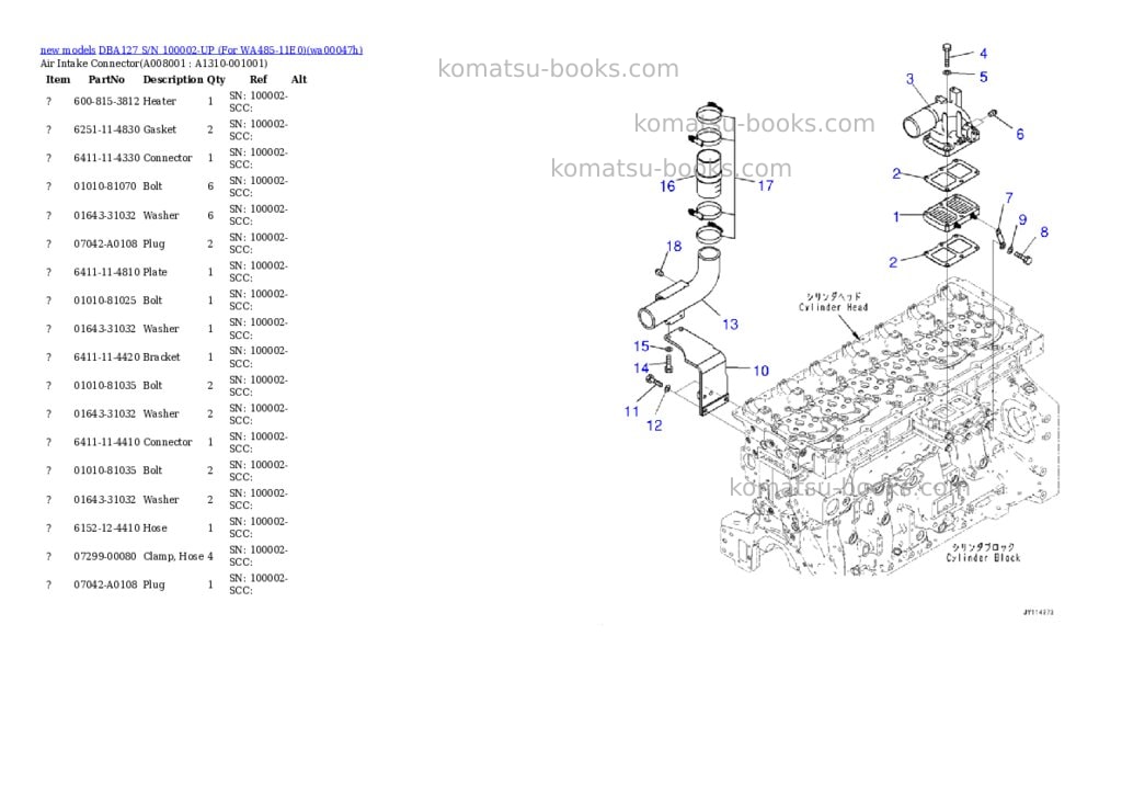 Komatsu DBA127 S/N 100002-UP (For WA485-11E0) Parts catalog cover Page 9 Komatsu DBA127 S/N 100002-UP (For WA485-11E0) Parts catalog cover Page 9