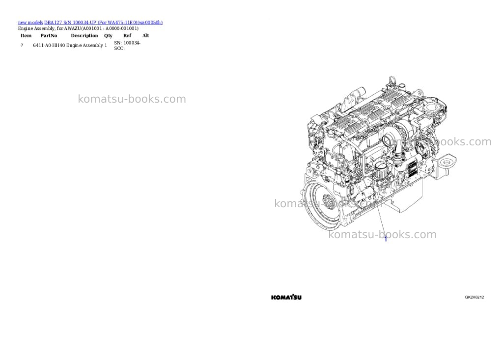 Komatsu DBA127 S/N 100034-UP (For WA475-11E0) Parts catalog cover Komatsu DBA127 S/N 100034-UP (For WA475-11E0) Parts catalog cover