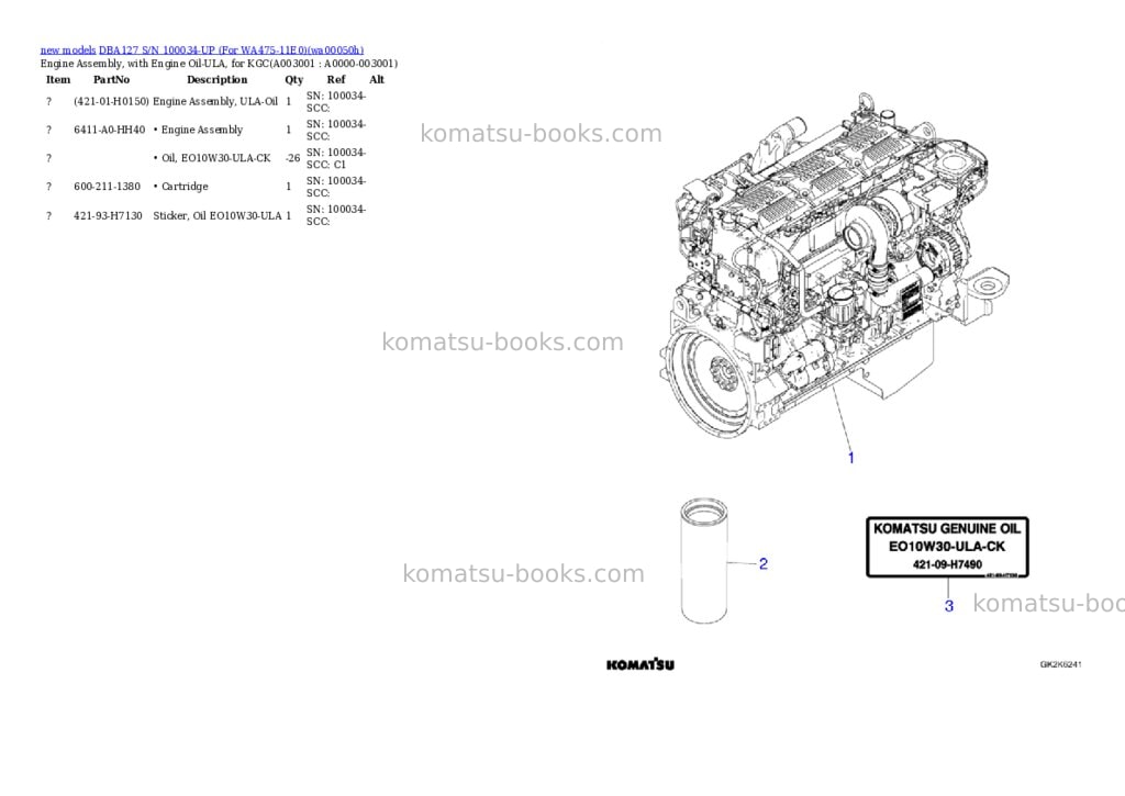 Komatsu DBA127 S/N 100034-UP (For WA475-11E0) Parts catalog cover Page 3 Komatsu DBA127 S/N 100034-UP (For WA475-11E0) Parts catalog cover Page 3